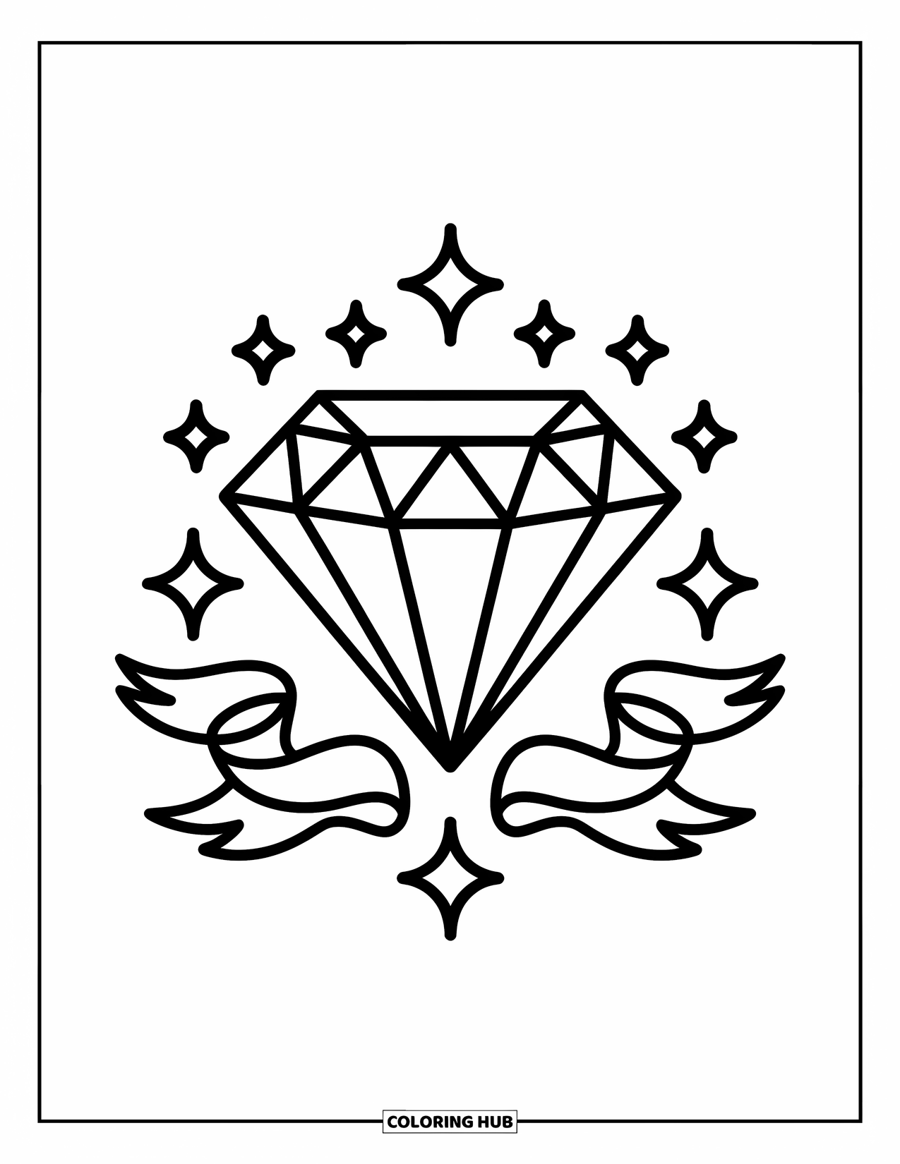 Tattoo Coloring Page for Adults: A diamond shines with ribbon wings and sparkles