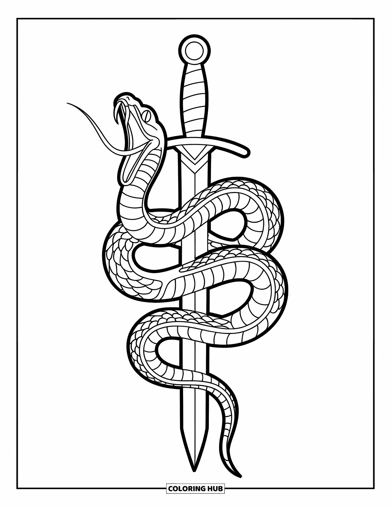 Tattoo Coloring Page for Adults: A fierce snake curls around a sword in bold detail