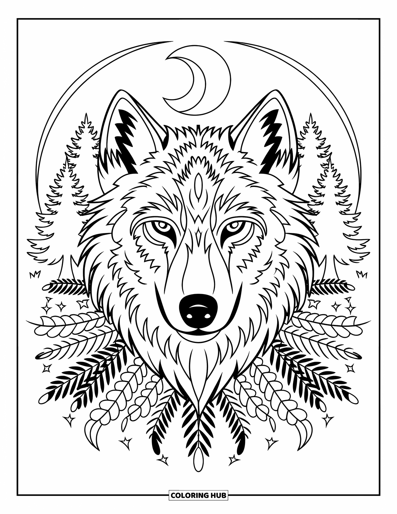 Tattoo Coloring Page for Adults: A fierce wolf head under a moon in a pine forest