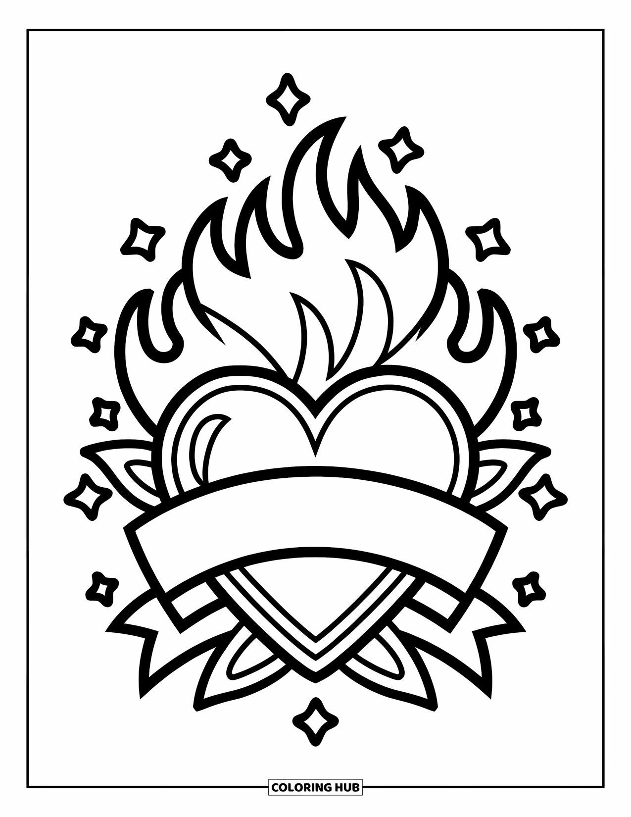 Tattoo Coloring Page for Adults: A flaming heart with stars and a banner across it