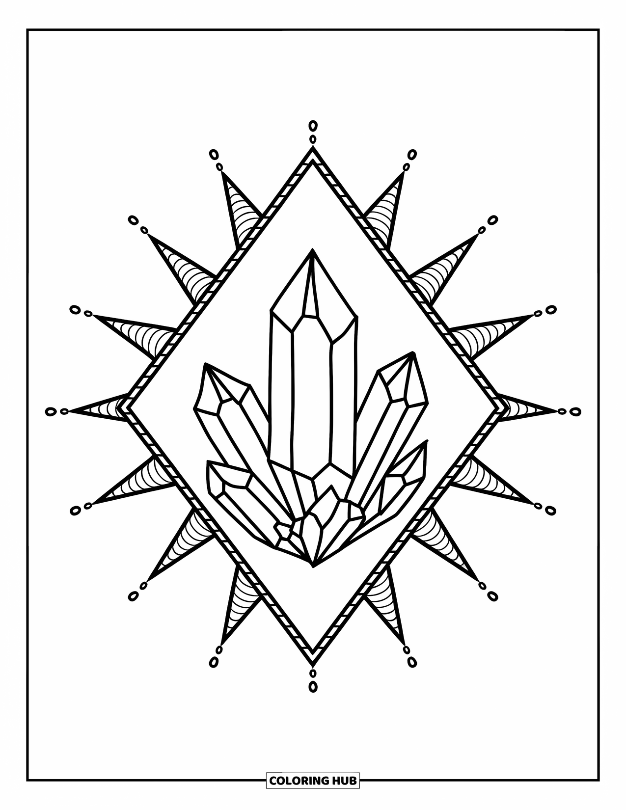 Tattoo Coloring Page for Adults: A floating crystal cluster shines inside a diamond frame