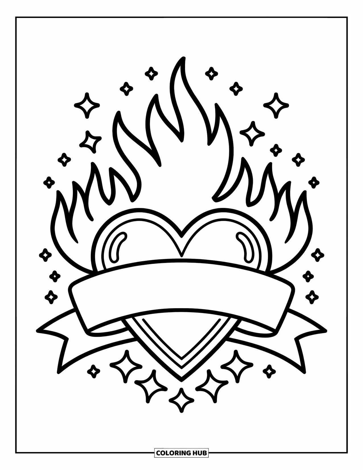 Tattoo Coloring Page for Adults: A heart with flames and stars wrapped in a banner