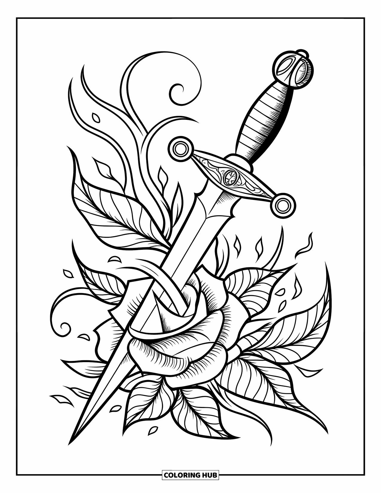 Tattoo Coloring Page for Adults: A jeweled dagger through a rose with spiral leaves