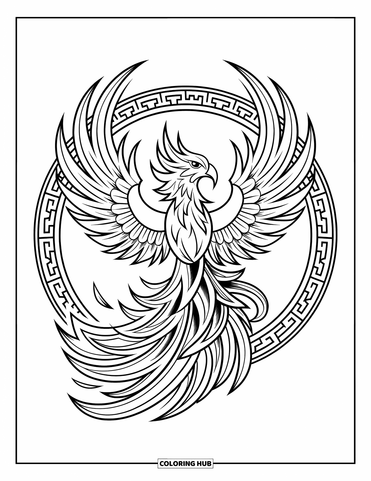 Tattoo Coloring Page for Adults: A phoenix surrounded by flames in a circular design