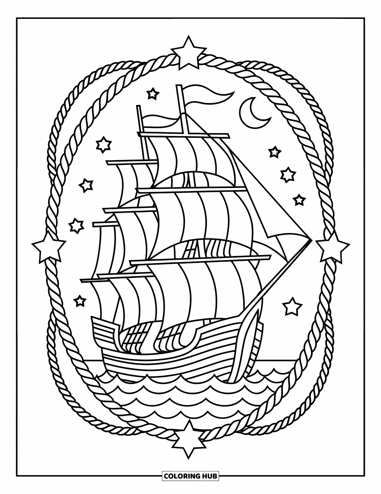 Tattoo Coloring Page for Adults: A pirate ship framed in rope sails beneath the crescent moon