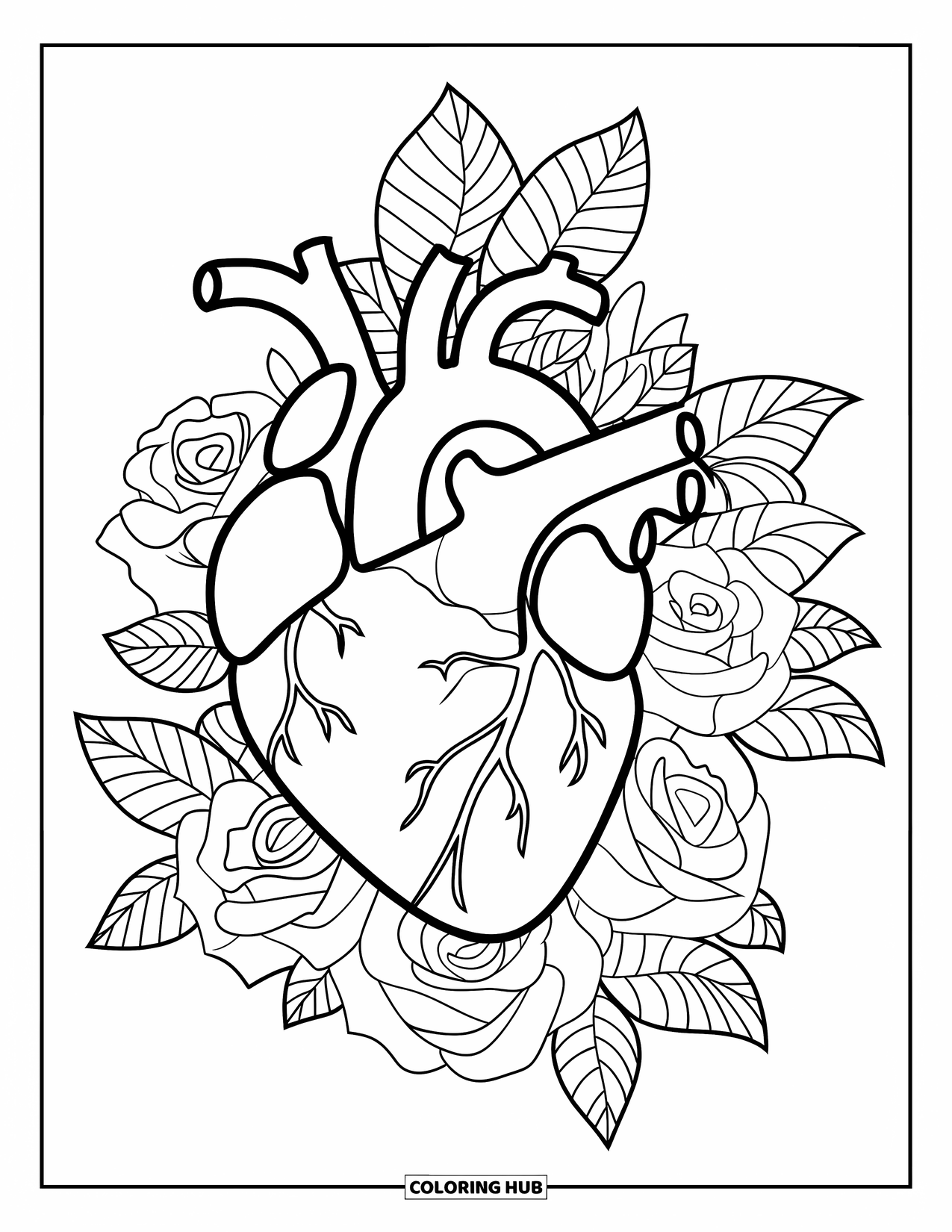 Tattoo Coloring Page for Adults: A realistic heart wrapped in blooming roses and leaves