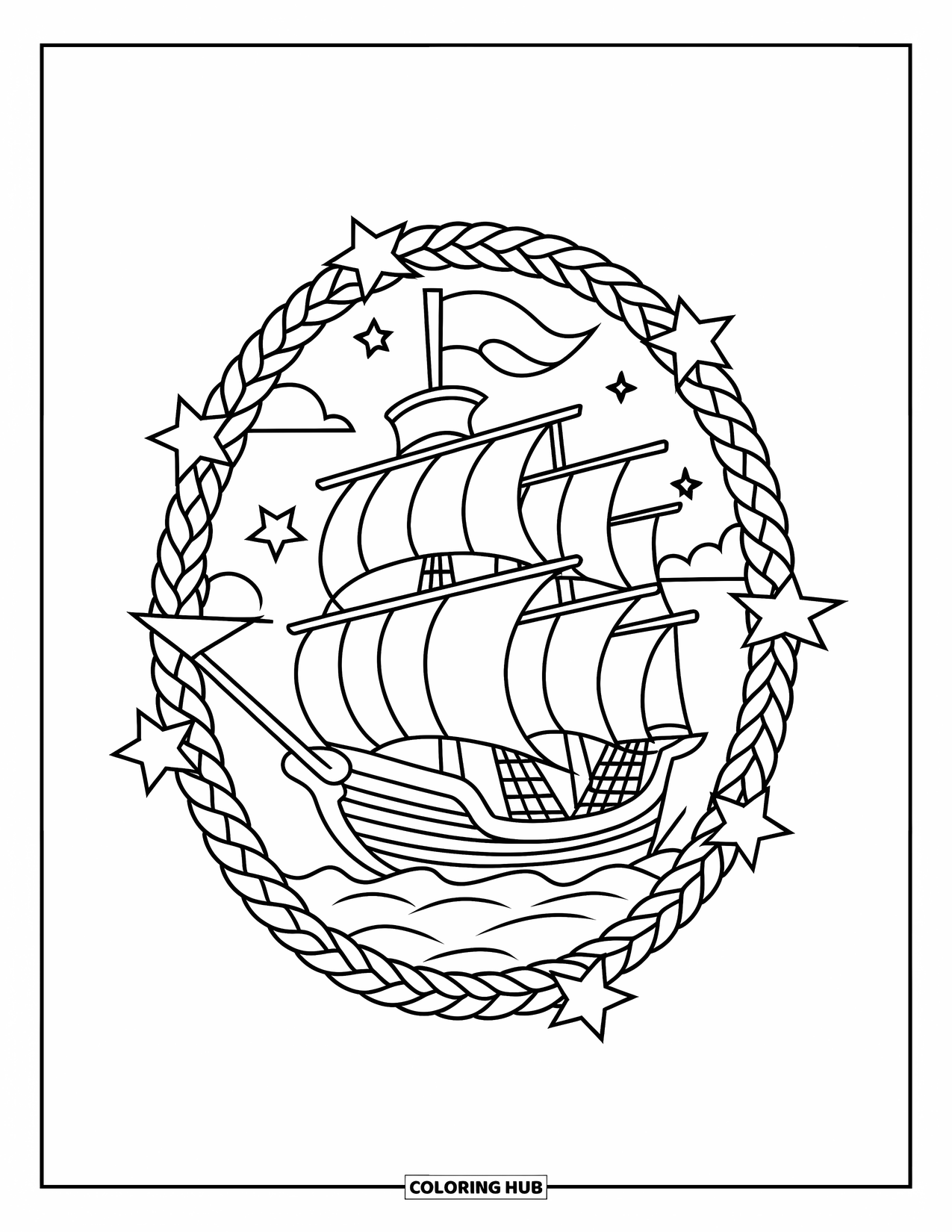 Tattoo Coloring Page for Adults: A sailing pirate ship framed by rope stars and calm waters