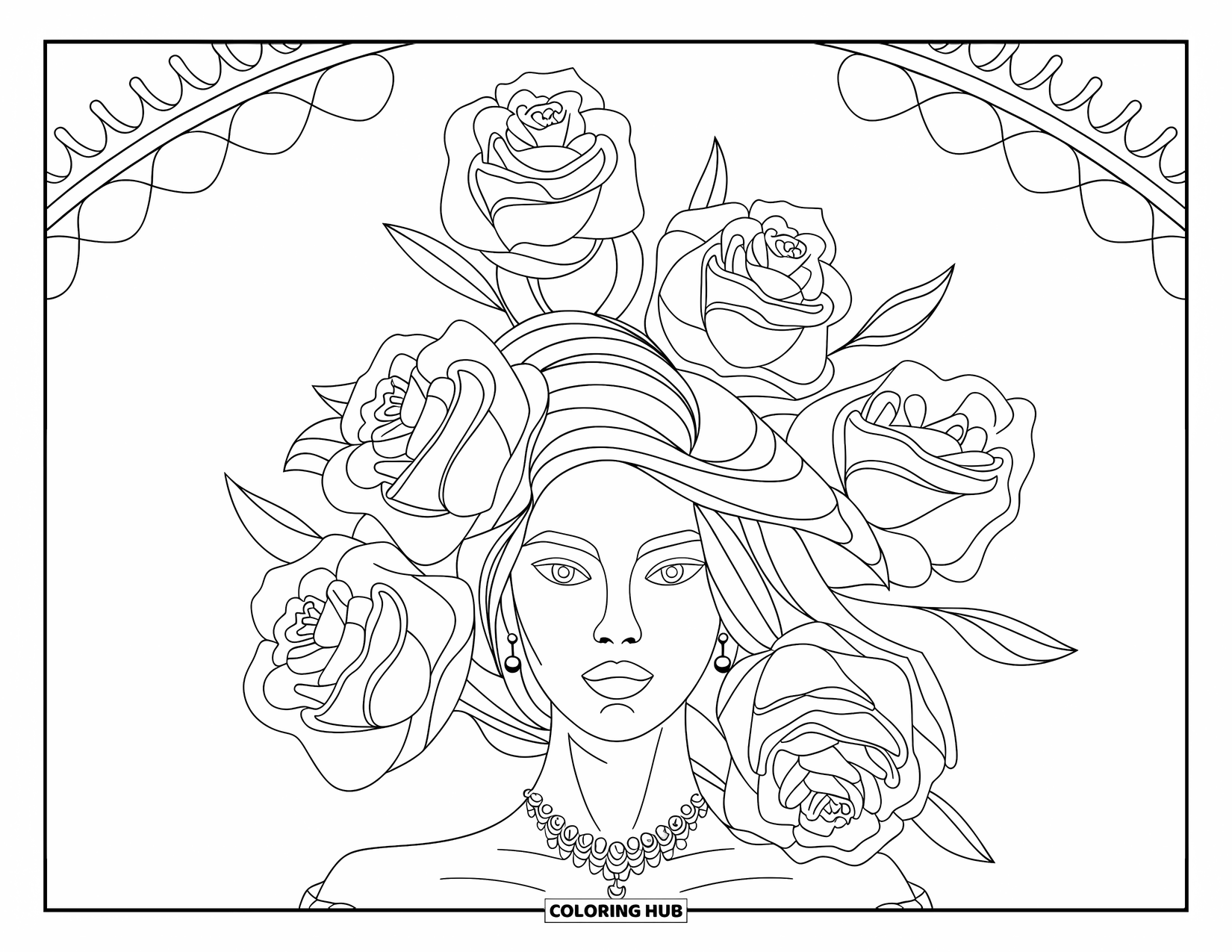 Tattoo Coloring Page for Adults: A serene woman with rose-filled hair and a curved border
