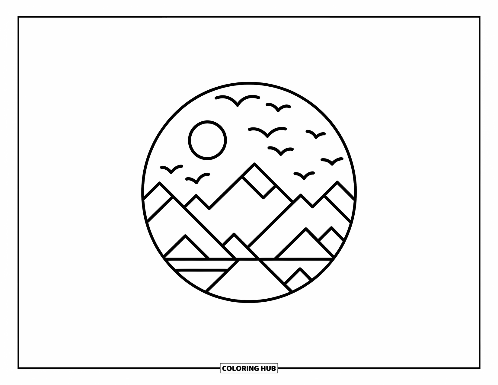 Tattoo Coloring Page for Adults: A simple mountain scene with sun and birds in a circle