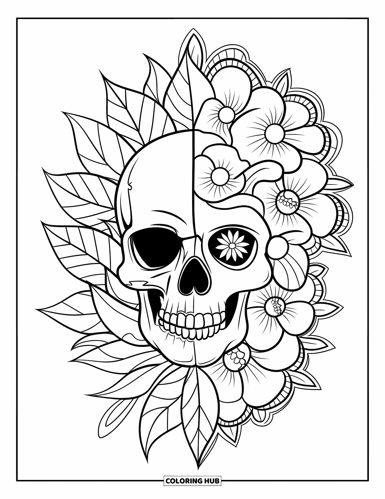 Tattoo Coloring Page for Adults: A skull and floral bouquet merge with leafy, bold details