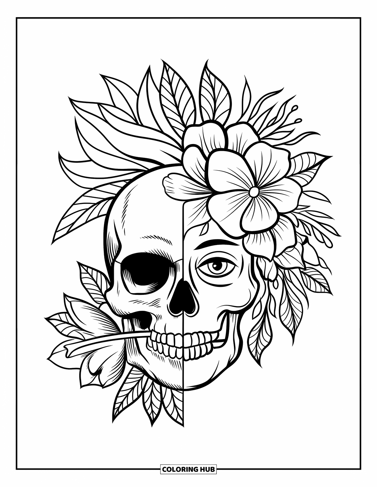 Tattoo Coloring Page for Adults: A skull and flowers blend into one face with charm