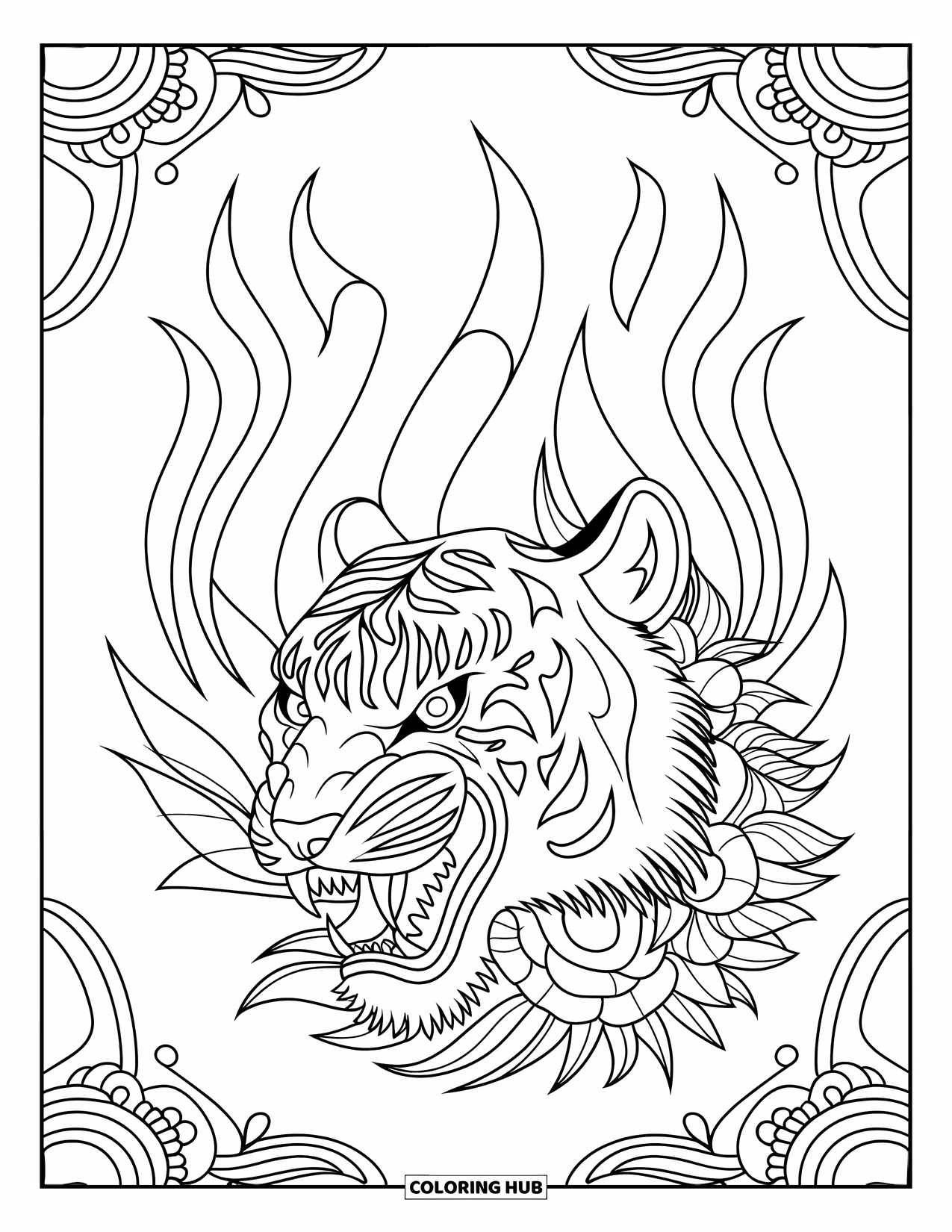 Tattoo Coloring Page for Adults: A snarling tiger with floral accents and curved flames