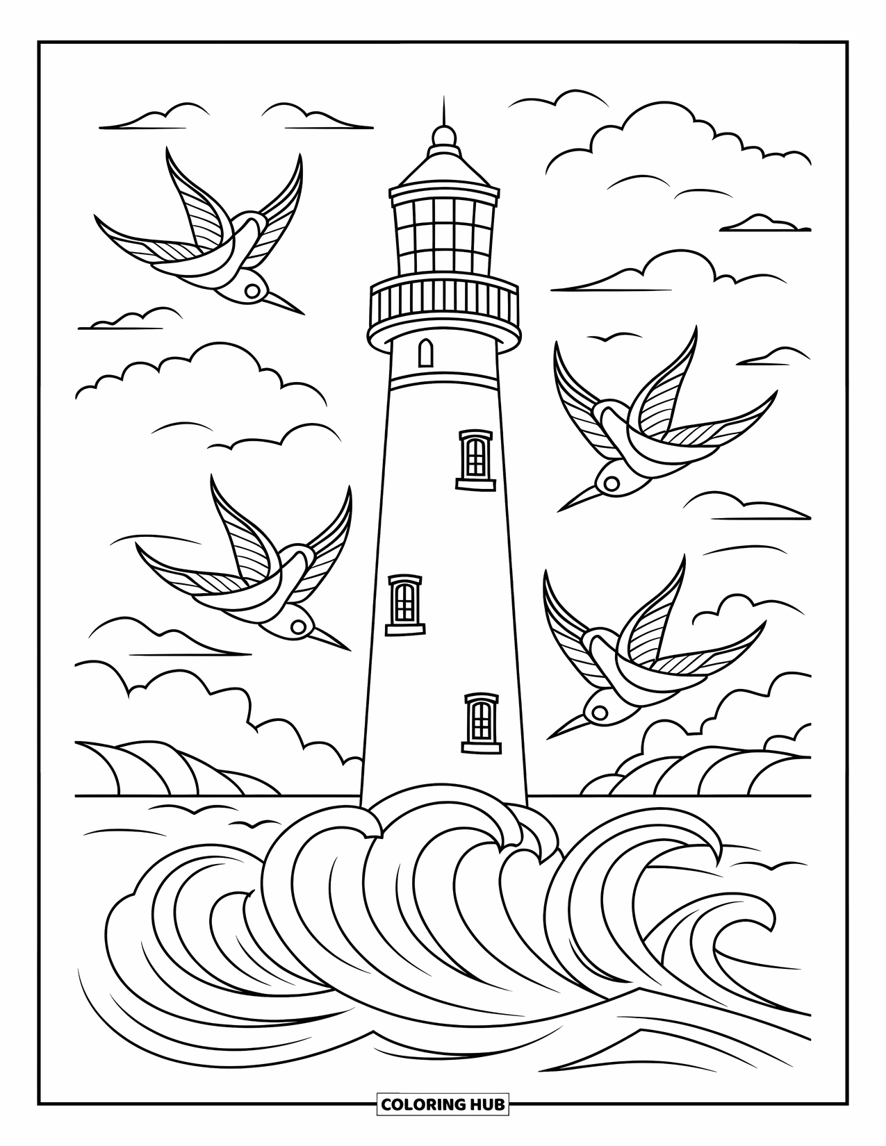Tattoo Coloring Page for Adults: A tall lighthouse stands among waves, clouds, and swallows