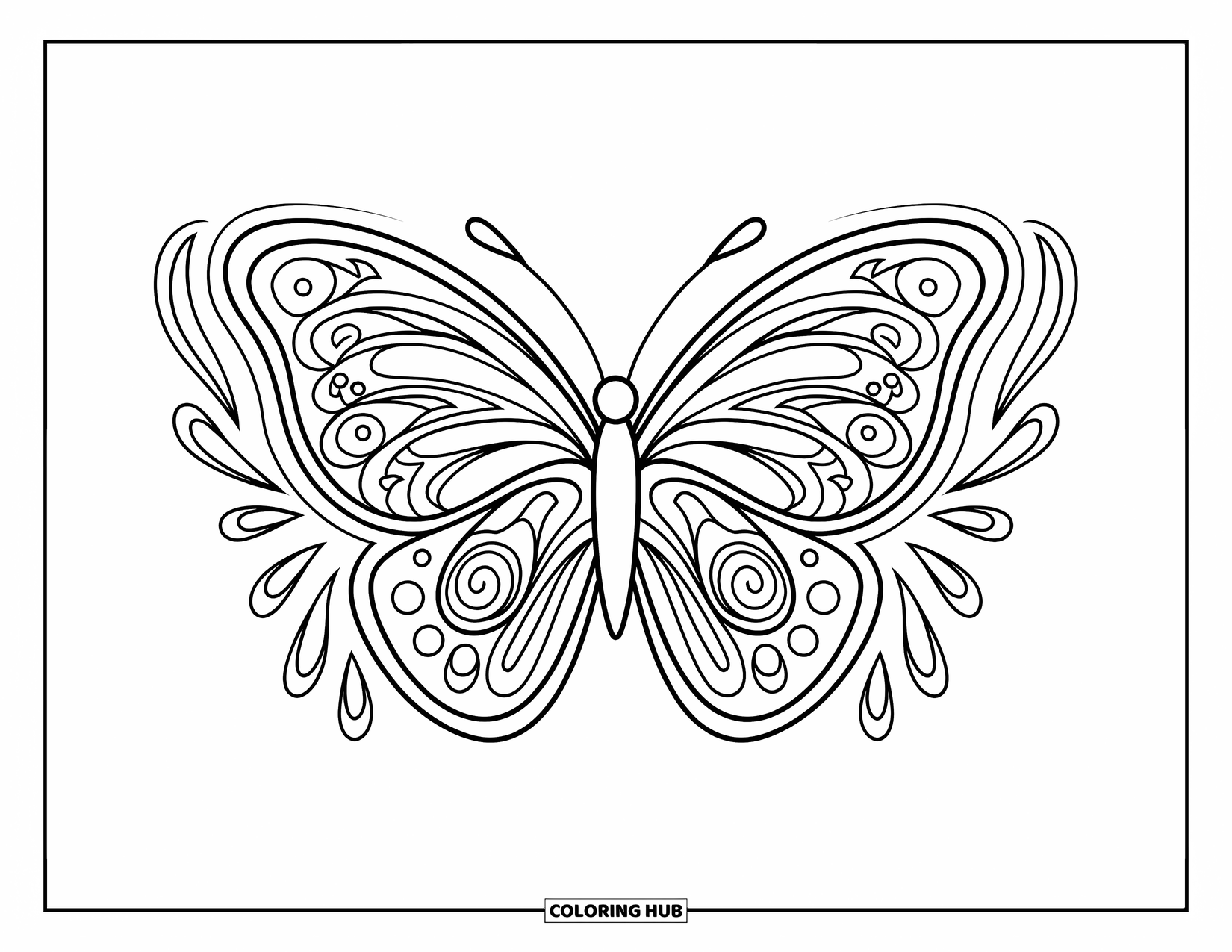 Tattoo Coloring Page for Adults: A tribal butterfly with symmetrical wings and flourishes