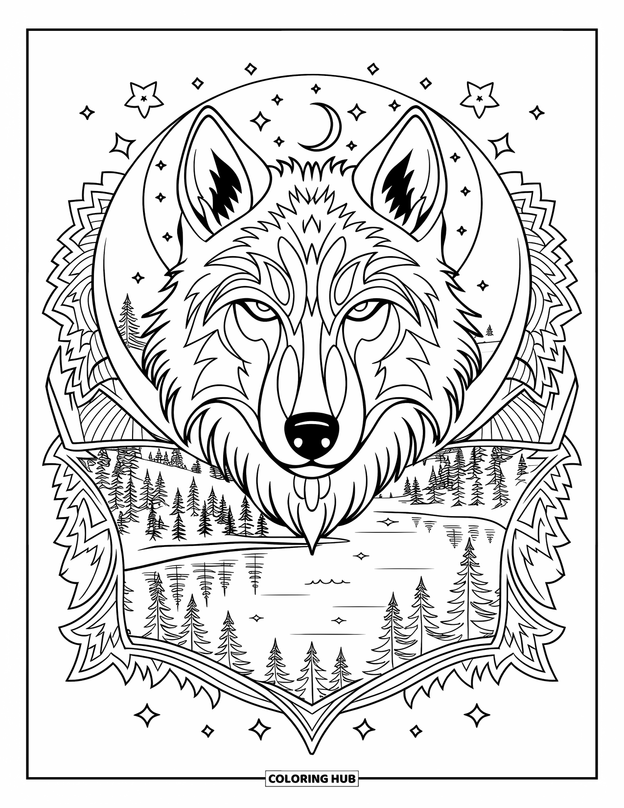 Tattoo Coloring Page for Adults: A wolf under a moonlit sky with trees and a calm lake