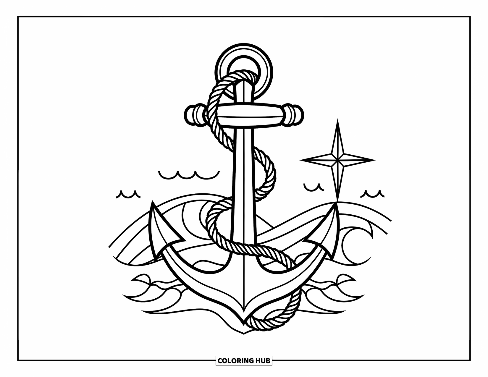 Tattoo Coloring Page for Adults: An anchor wrapped in rope with waves and a compass star