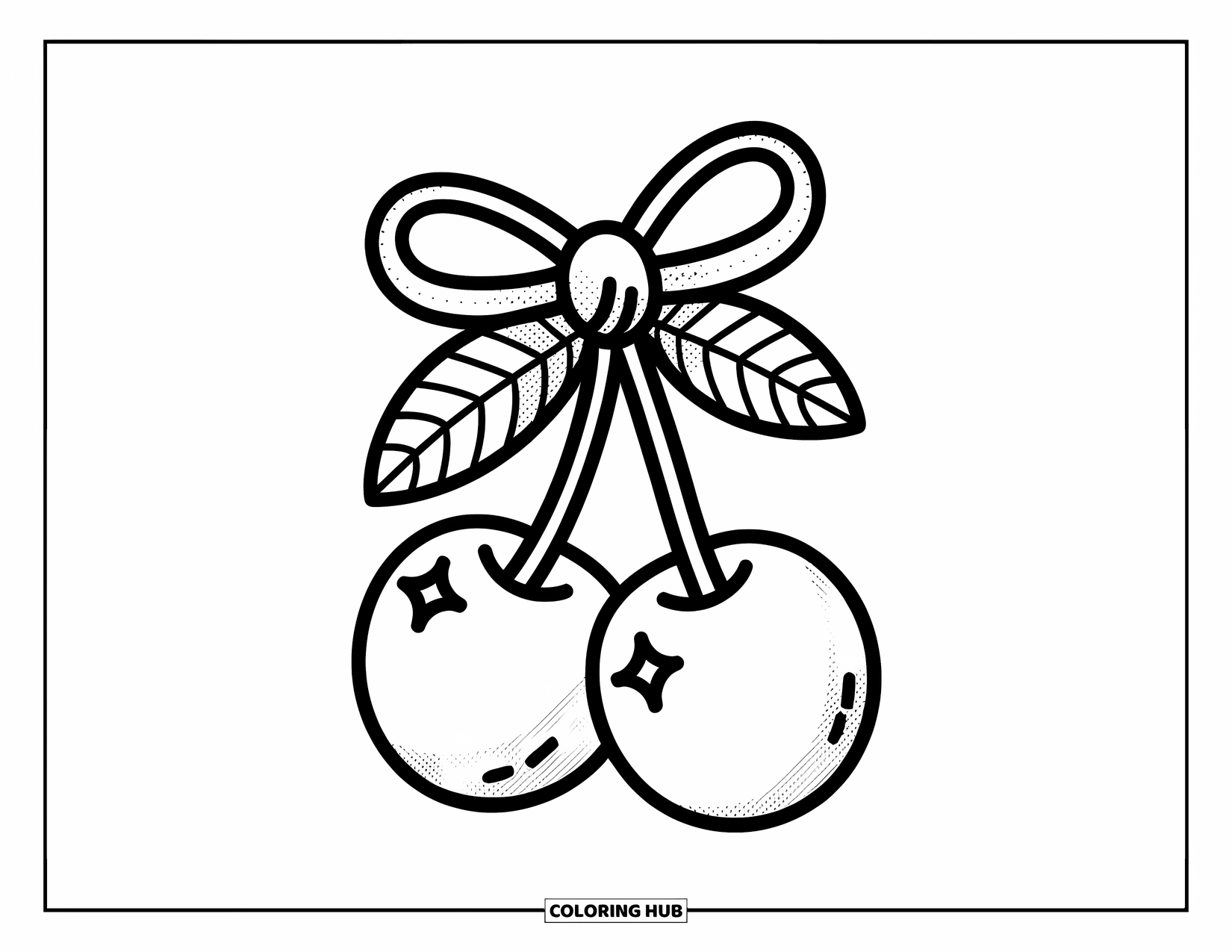 Tattoo Coloring Page for Adults: Cherries with sparkles dangle below a playful bow