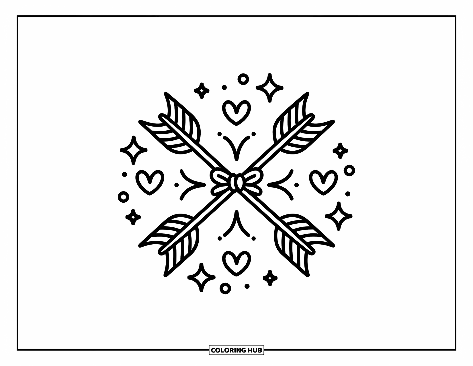 Tattoo Coloring Page for Adults: Crossed arrows with hearts and stars meet at a little bow