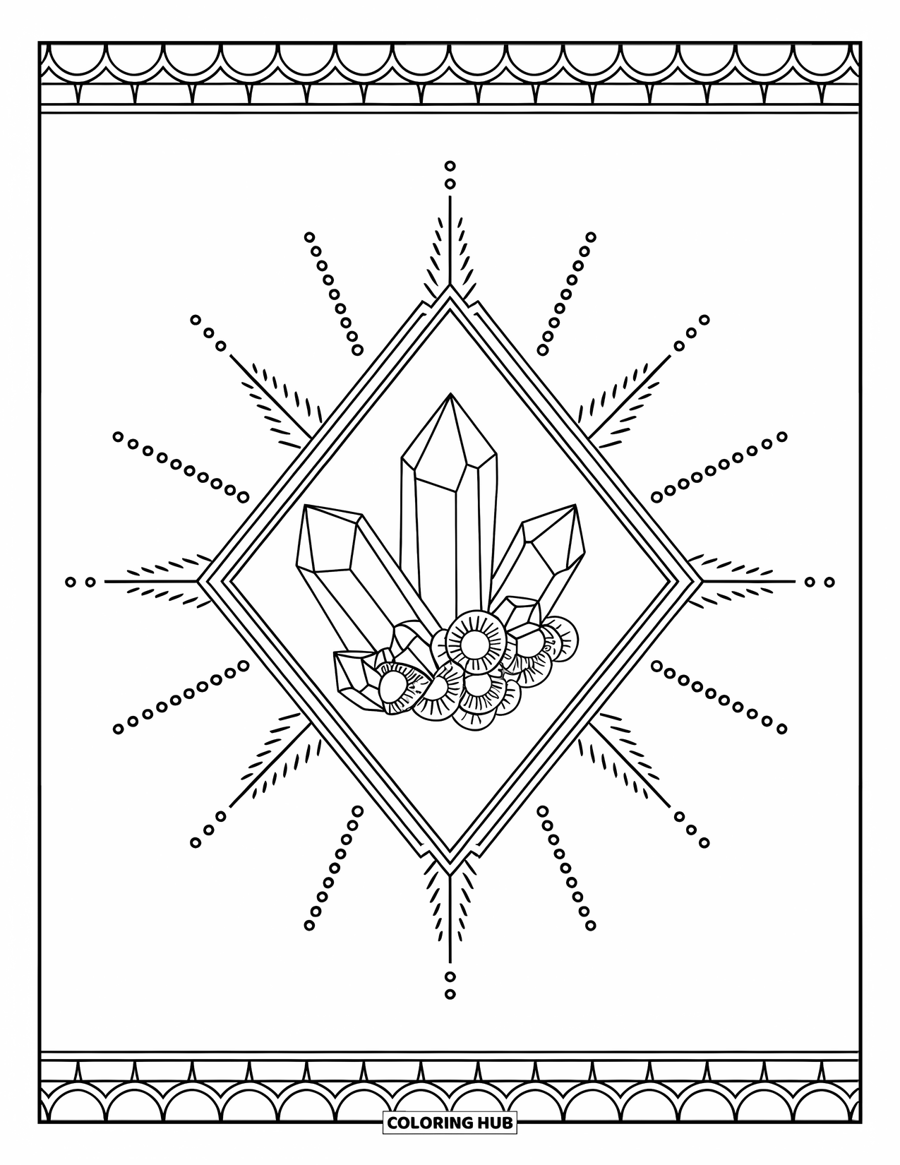 Tattoo Coloring Page for Adults: Crystals in a diamond frame with rays and detailed accents