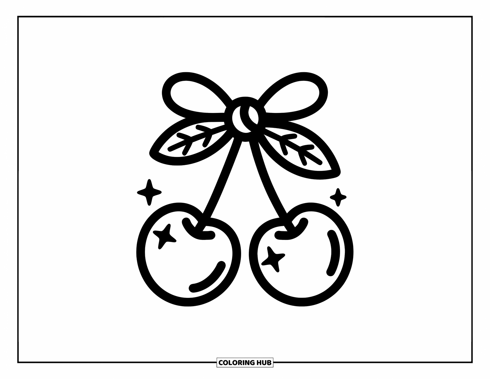 Tattoo Coloring Page for Adults: Cute cherries with sparkle details hang under a knotted bow