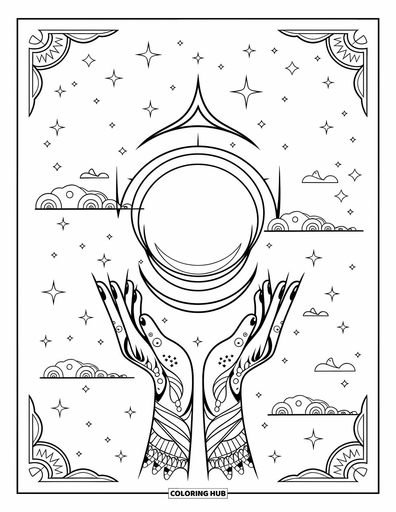Tattoo Coloring Page for Adults: Hands reach for a glowing orb under a starlit sky