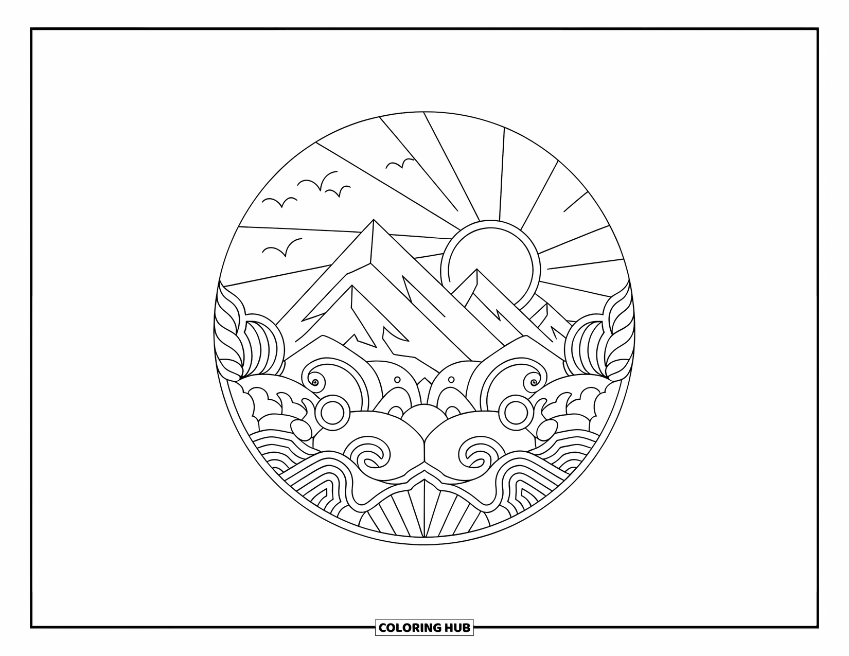 Tattoo Coloring Page for Adults: Mountains, sun, and birds inside a circle with relaxing detail