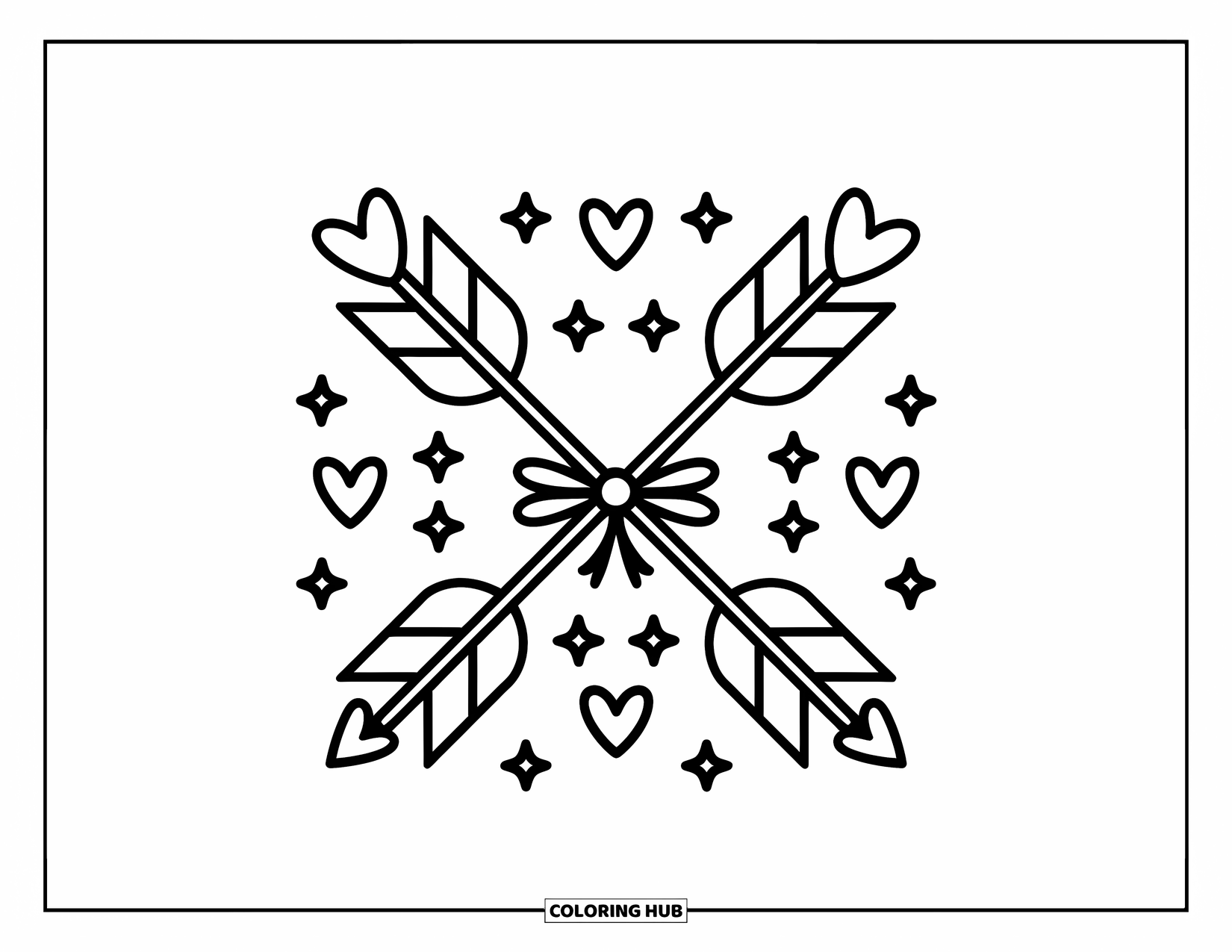 Tattoo Coloring Page for Adults: Playful arrows with stars and hearts cross at a cute bow