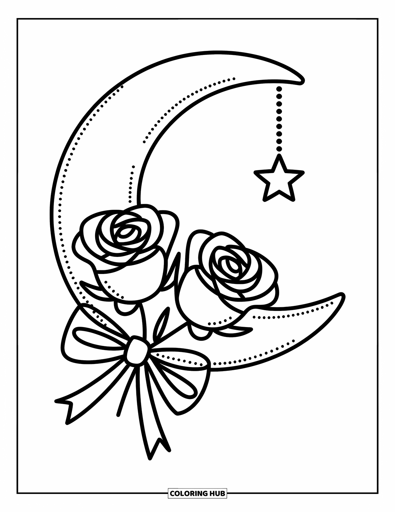Tattoo Coloring Page for Adults: Two roses nestle in a crescent moon with a star charm