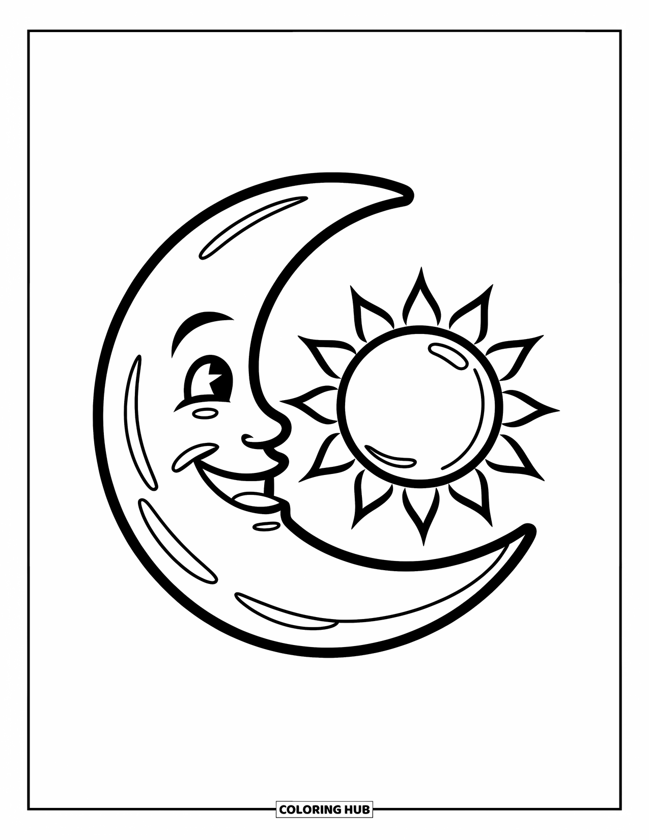 Tattoo Coloring Page for Kids: A cheerful moon and sun cuddling together