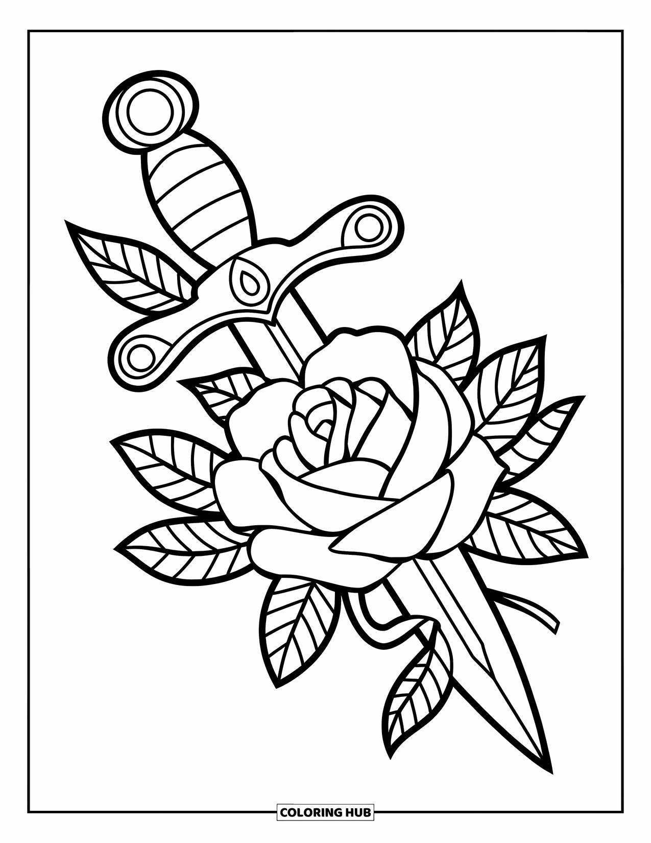 Tattoo Coloring Page for Kids: A dagger wrapped in a rose lies on a wooden surface