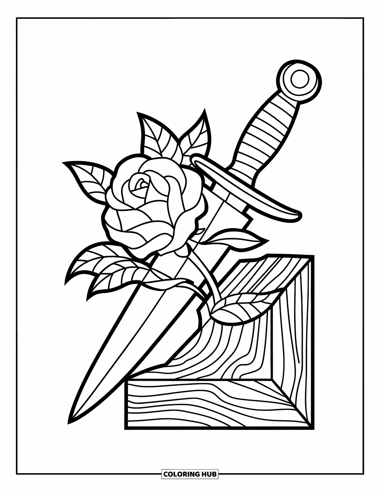 Tattoo Coloring Page for Kids: A dagger wrapped with a blooming rose rests on wood