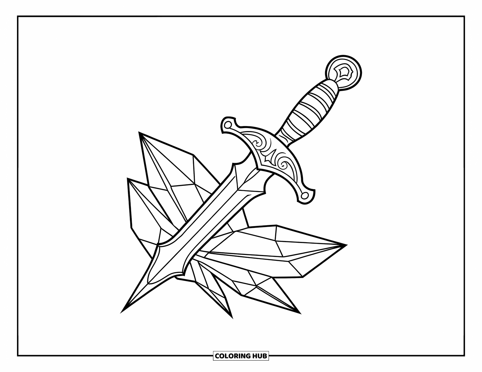 Tattoo Coloring Page for Kids: A detailed dagger slicing through a faceted crystal