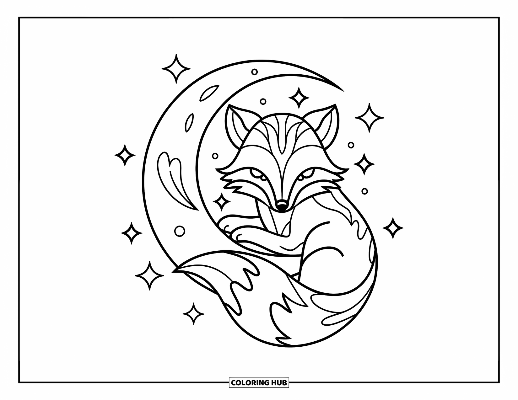 Tattoo Coloring Page for Kids: A fox curled peacefully around a glowing moon