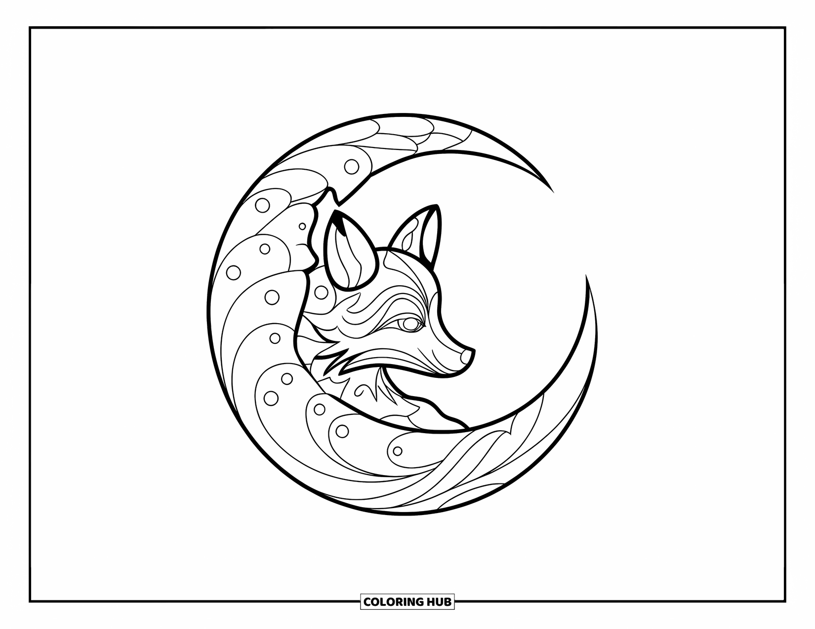 Tattoo Coloring Page for Kids: A fox rests around a moon with tattoo-style details