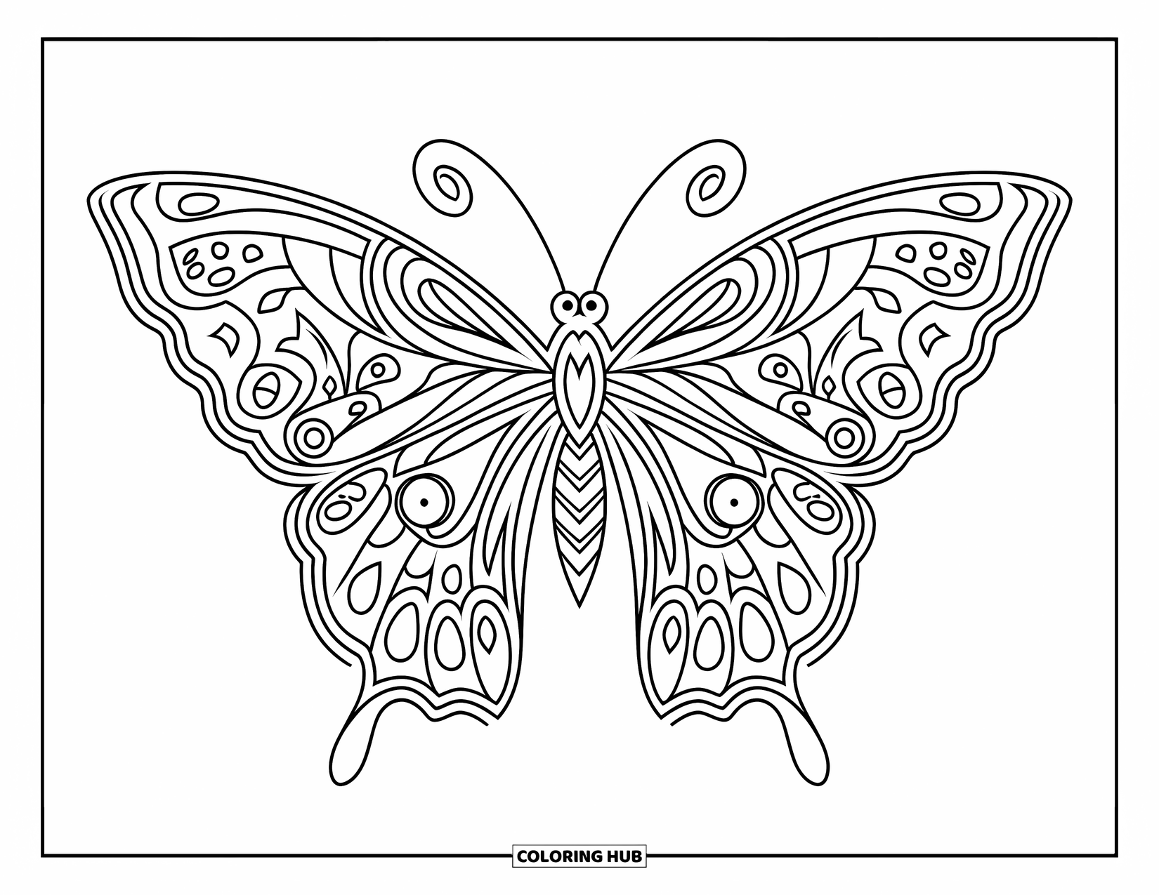 Tattoo Coloring Page for Kids: A gothic butterfly with tribal wings perched on a branch