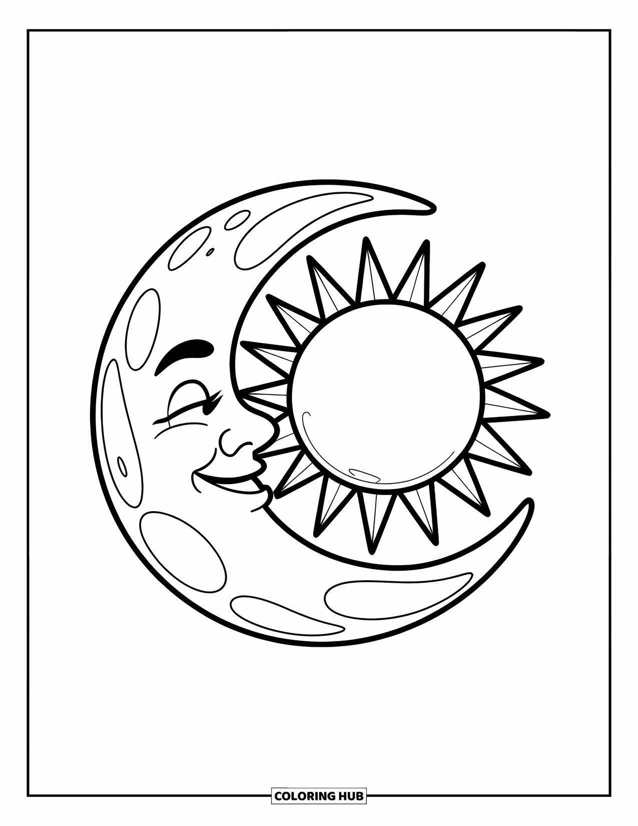 Tattoo Coloring Page for Kids: A happy moon wraps around a tiny sun