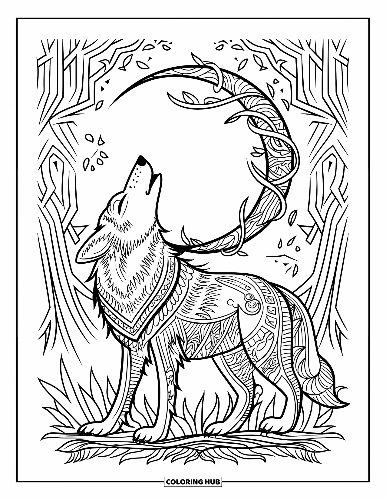Tattoo Coloring Page for Kids: A howling wolf beneath a patterned moon wrapped in vines