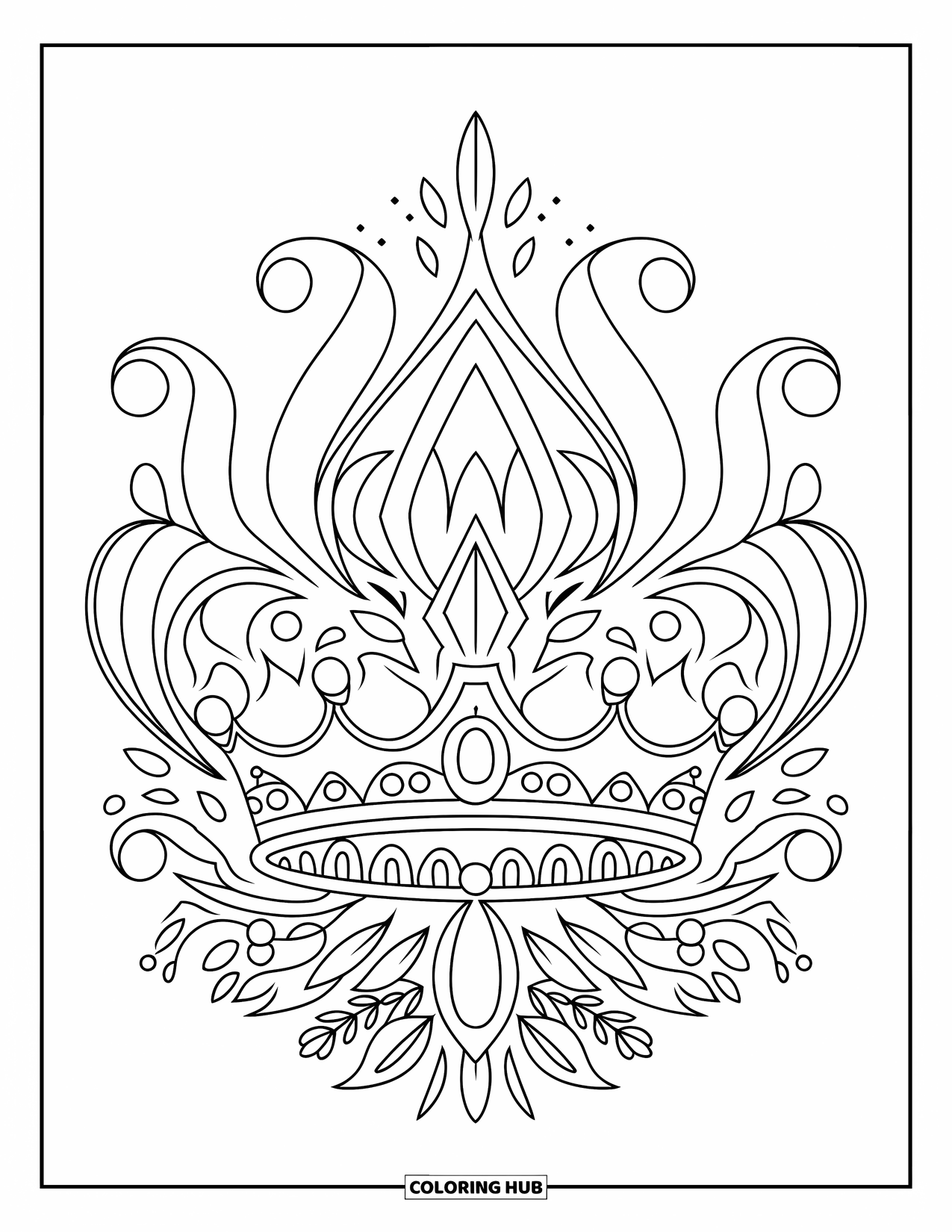 Tattoo Coloring Page for Kids: A jeweled crown surrounded by decorative swirls and leaves
