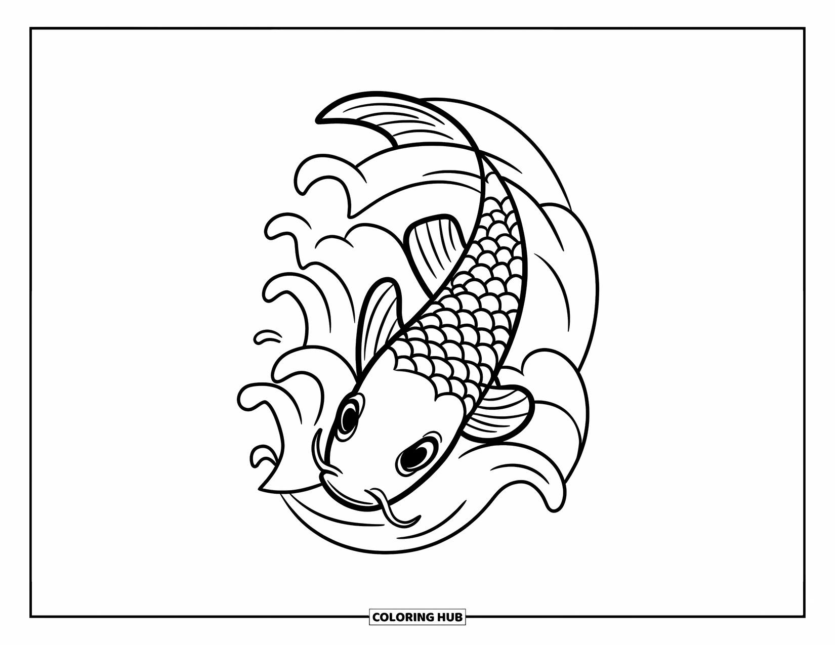 Tattoo Coloring Page for Kids: A koi fish leaping from swirling waves