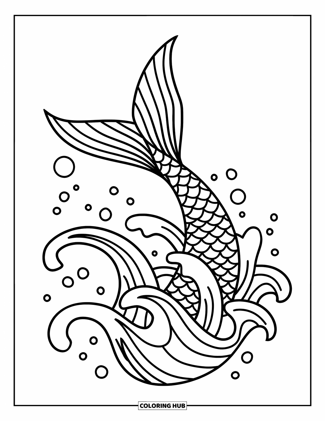 Tattoo Coloring Page for Kids: A mermaid tail splashes out of ocean waves