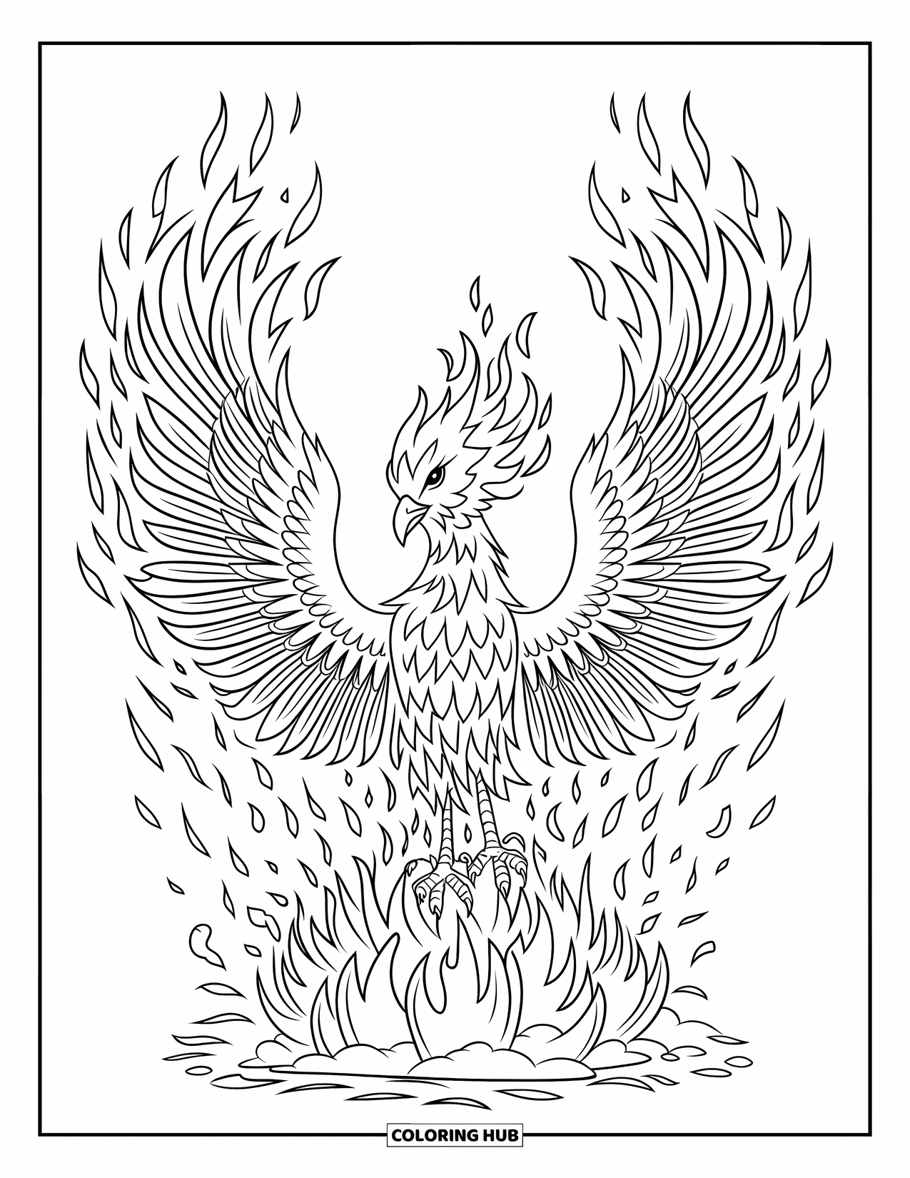 Tattoo Coloring Page for Kids: A phoenix rises from flame-like ashes