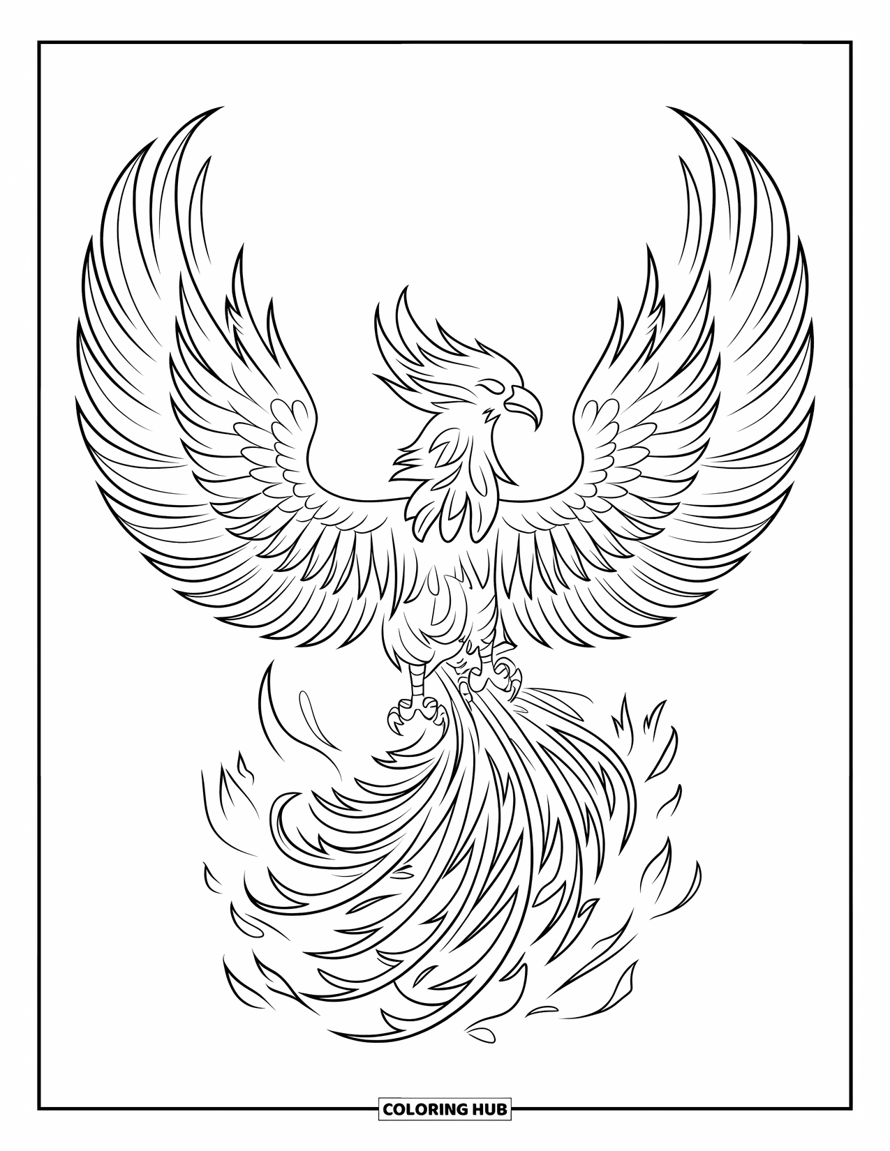 Tattoo Coloring Page for Kids: A phoenix with flaming feathers rising gracefully