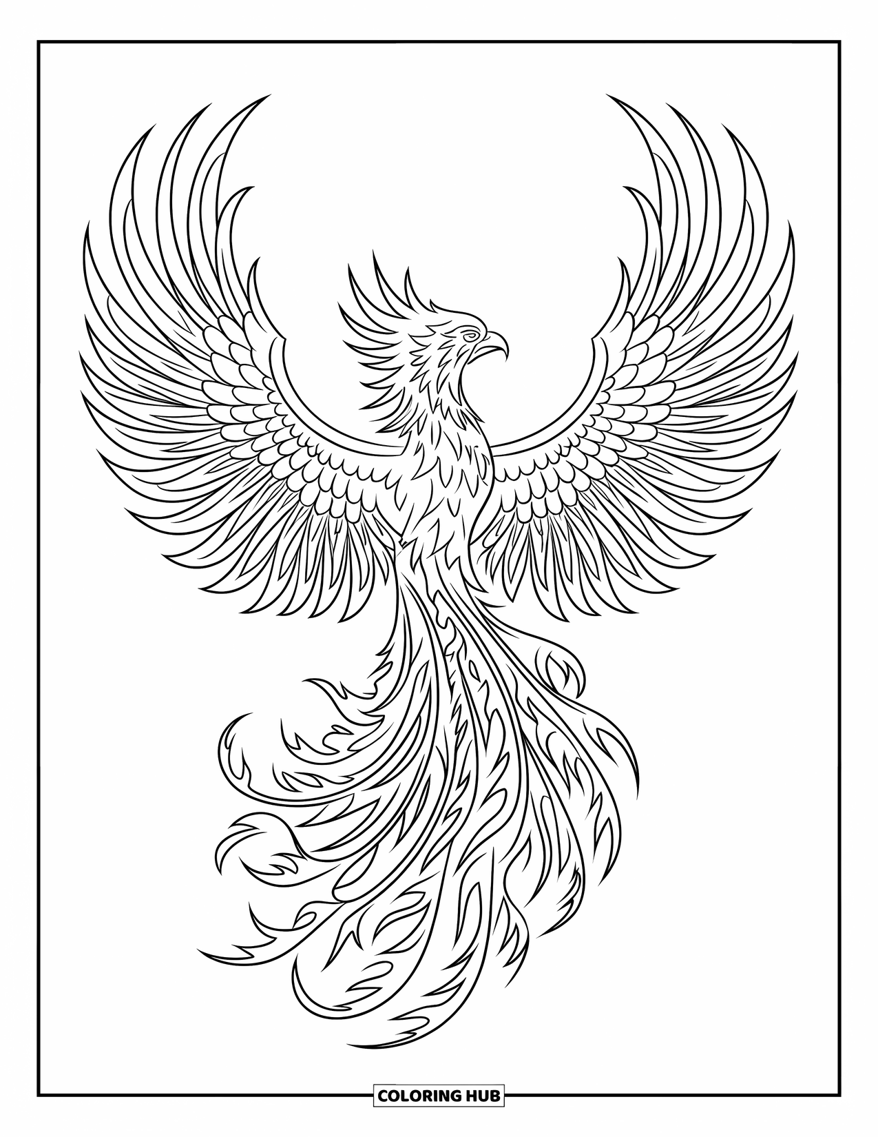 Tattoo Coloring Page for Kids: A phoenix with open wings soaring in fiery beauty