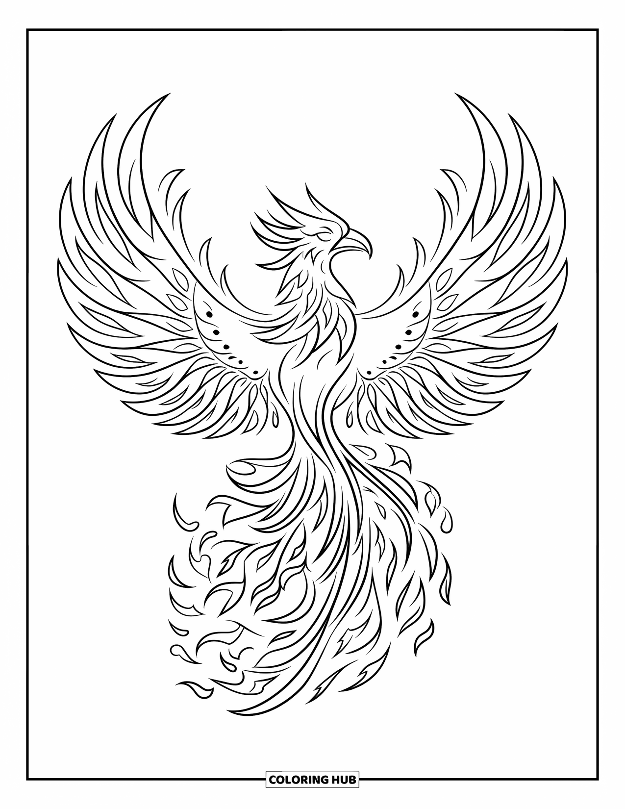 Tattoo Coloring Page for Kids: A phoenix with wide wings and fire-patterned feathers rising