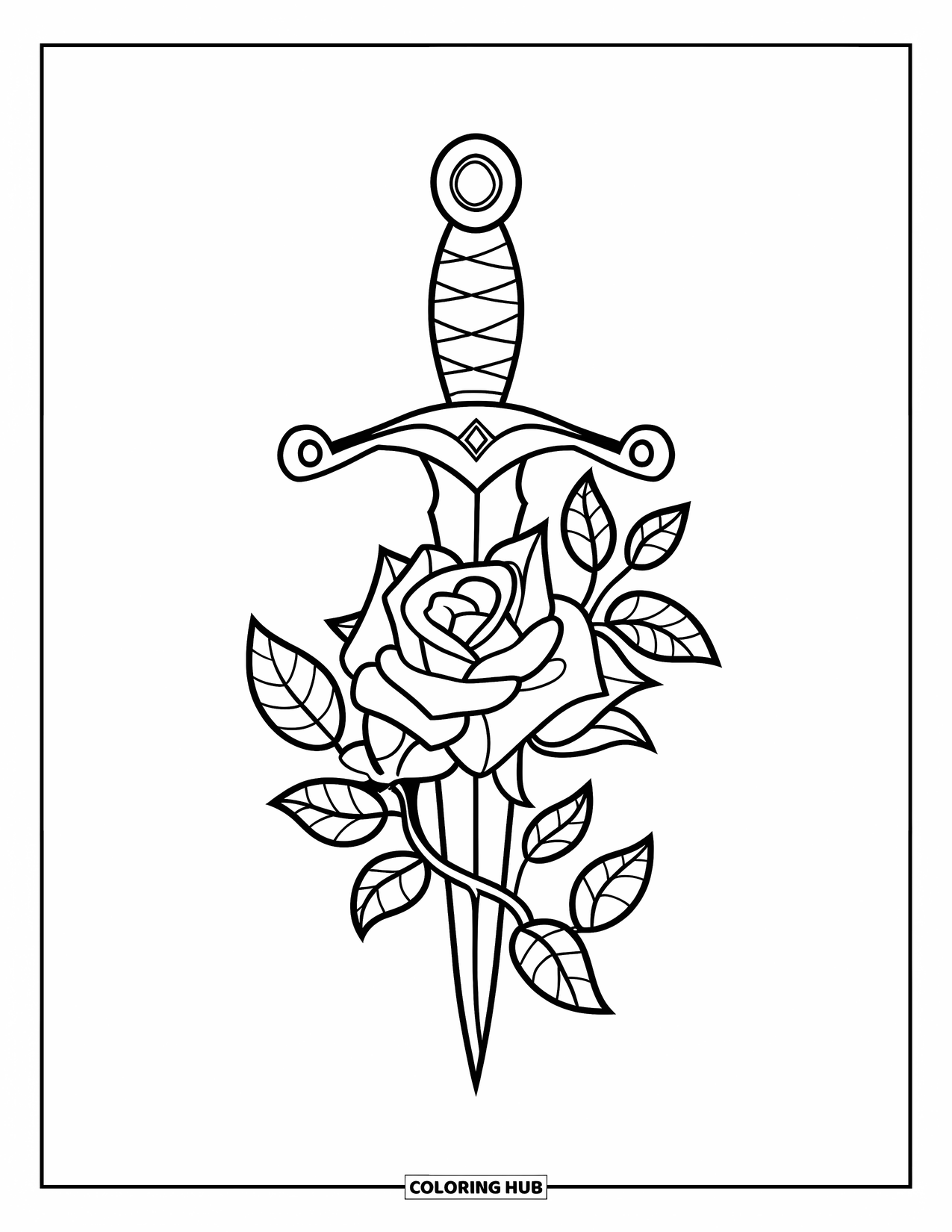Tattoo Coloring Page for Kids: A simple dagger entwined with a rose