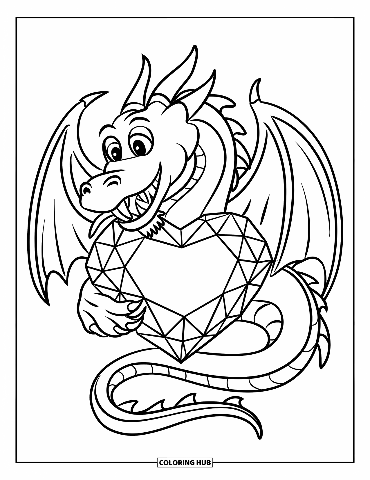 Tattoo Coloring Page for Kids: A smiling dragon curls around a heart-shaped gem