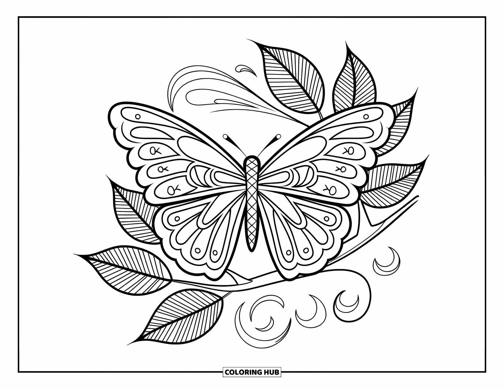Tattoo Coloring Page for Kids: A tribal butterfly on a leafy branch with swirls all around