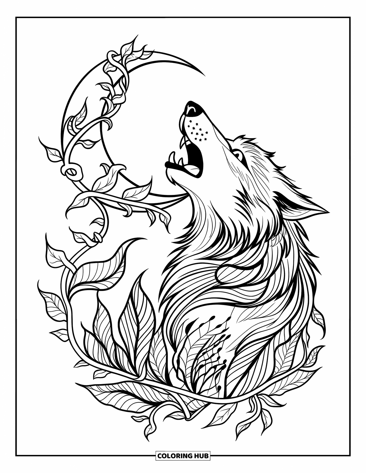 Tattoo Coloring Page for Kids: A wild-eyed wolf howls at a vine-wrapped moon