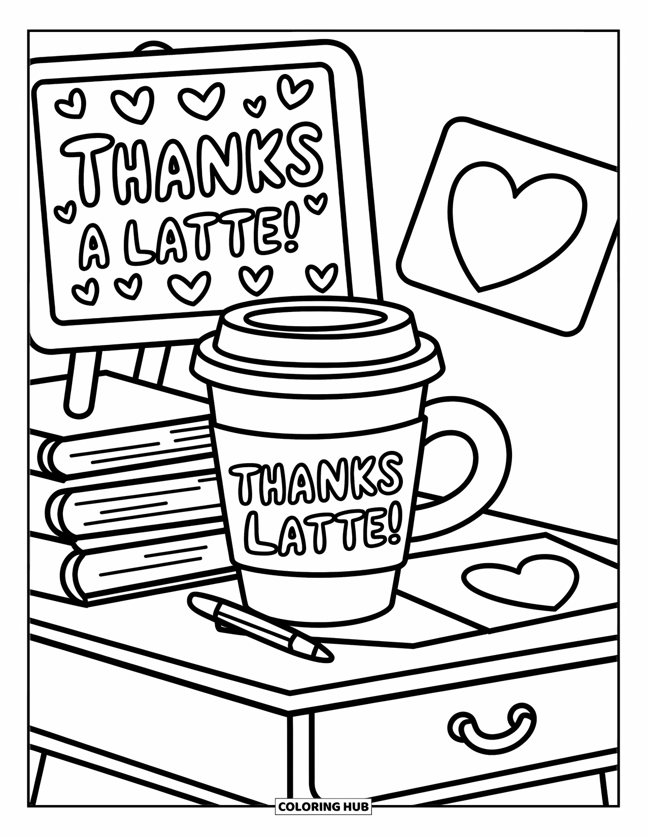 Teacher Appreciation Coloring Page for Adults: Books, chalkboard doodles, and a happy mug display "Thanks a Latte!" with charm