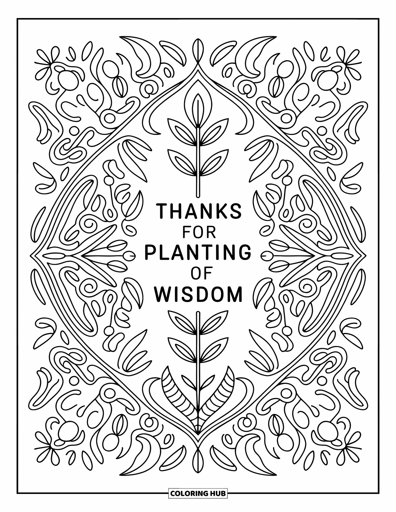 Teacher Appreciation Coloring Page for Adults: Elegant leaves and vines surround a message of gratitude